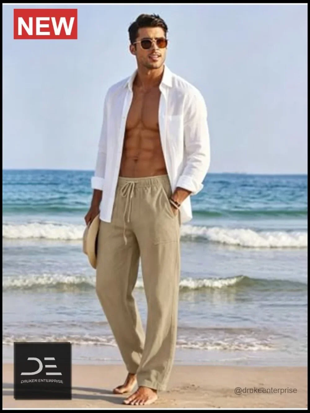 Cotton Linen Casual Pants Elastic Drawstring Waist Summer Beach